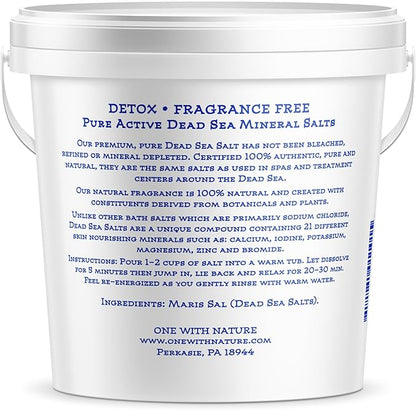 One With Nature 100% Pure Dead Sea Salt for Bath, 5lb Unscented. Dead Sea Salt is high in Essential Minerals, Such as Magnesium, Sulfur, Zinc, Potassium. Exfoliates, Nourishes Skin, Helps Restore pH