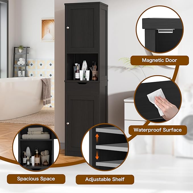 Walsunny Tall Bathroom Storage Cabinet with Freestanding Adjustable Shelves, Narrow Storage Linen Cabinet with 2 Doors and 1 Drawers for Bathroom, Living Room, Kitchen, Black