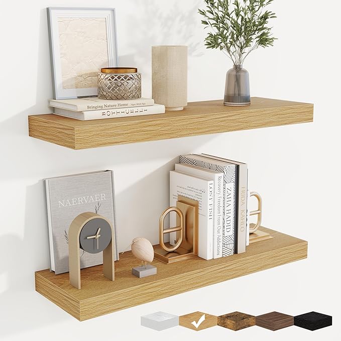 fuqing Floating Shelves for Wall, Wall Mounted Wood Floating Shelf with Invisible Brackets for Living Room, Bathroom, Bedroom, Kitchen Storage and Decor, 24 Inch Set of 2, Oak