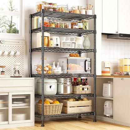 REIBII 6-Tier Storage Shelves Metal Shelving for Storage Load 1000 LBS,Wire Shelves Heavy Duty Shelving Unit Adjustable Pantry Shelf Bathroom Kitchen Garage 24" W x 14" D x 71" H, Black