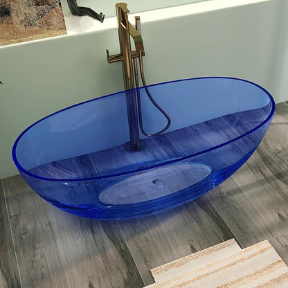 61" Premium Solid Surface Freestanding BathTubs, Upgraded Modern Transparent Blue Design Stand Alone Tub with Pop-up Drain