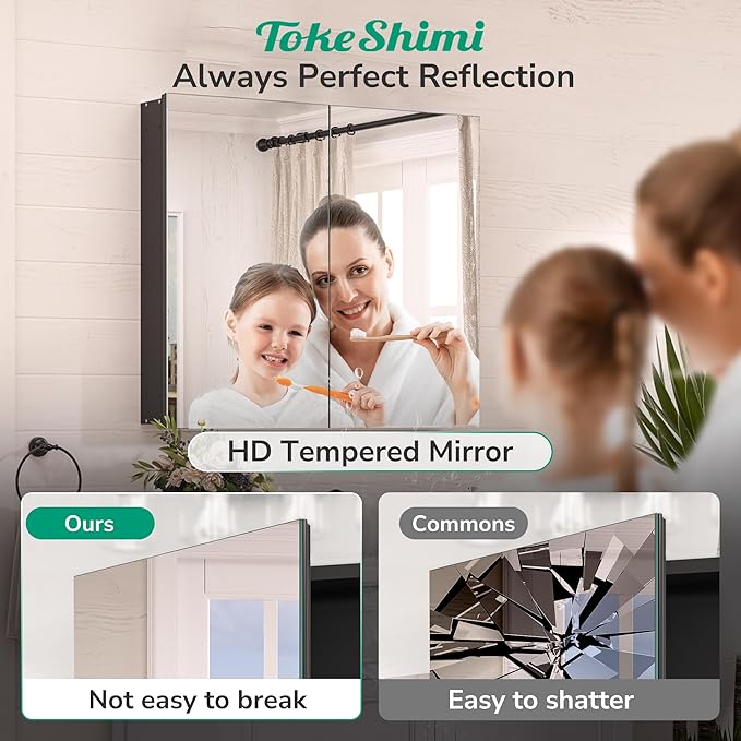 TokeShimi 48x24 Bathroom Medicine Cabinet with Mirror Tempered, Aluminum Black Mirrored Medicine Cabinet Recessed or Surface Mount with Adjustable Storage Metal for Modern Farmhouse