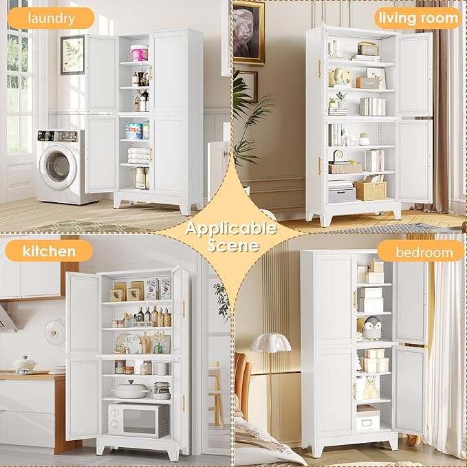 75" Tall Metal Kitchen Pantry Storage Cabinet, Freestanding Cupboard with 4 Doors and 4 Adjustable Shelves, Standing Storage for Kitchen, Bathroom, Garage, Dinning Room or Utility Room（White）