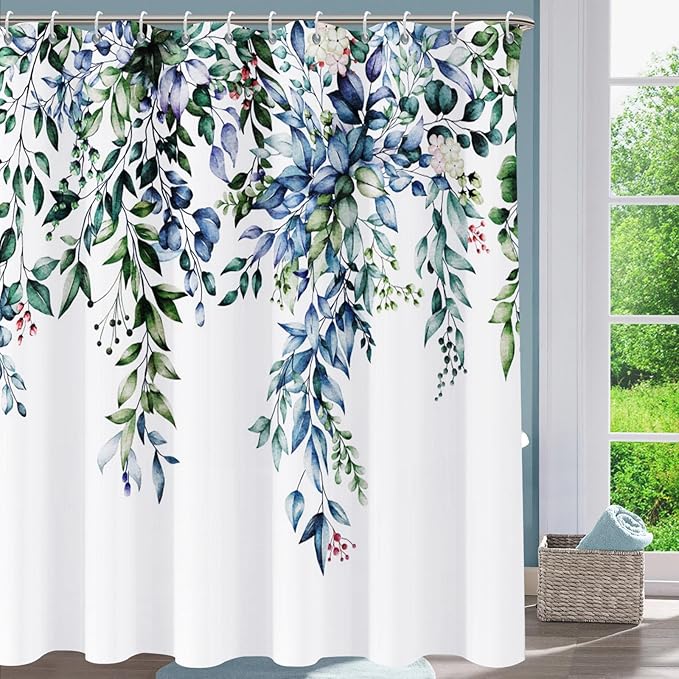 Shower Curtain,Blue Eucalyptus Shower Curtains for Bathroom,Watercolor Green Leaf Shower Curtain Sets Waterproof Plant Shower Curtain Blue Fabric Cloth Bathroom Curtains Green72x72 inch with Hooks