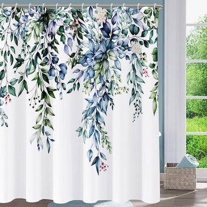 Shower Curtain,Blue Eucalyptus Shower Curtains for Bathroom,Watercolor Green Leaf Shower Curtain Sets Waterproof Plant Shower Curtain Blue Fabric Cloth Bathroom Curtains Green72x72 inch with Hooks