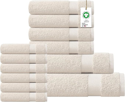 Delara 100% Organic Cotton Towels 650 GSM Plush Feather Touch Quick Dry Towel, 12-Piece Towel Set GOTS Certified, Oeko-Tex Green Certified, 1 Bath Towel, 1 Bath Sheet, 4 Hand Towels & 6 Wash Cloths