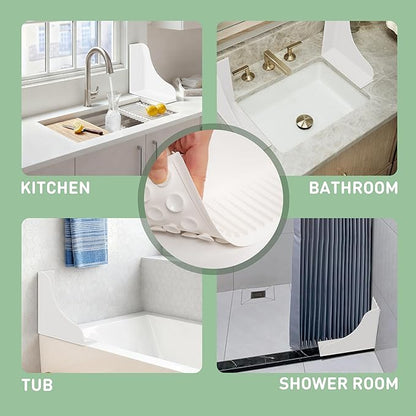 No-Adhesive 2-Pack All-Silicone Shower Splash Guard with Strong Suction Cups, Reusable Bath Tub Corner Water Blocker for Secure Seal&Easy Removal，Keep Water in Shower or Bath, One-Piece Design, White