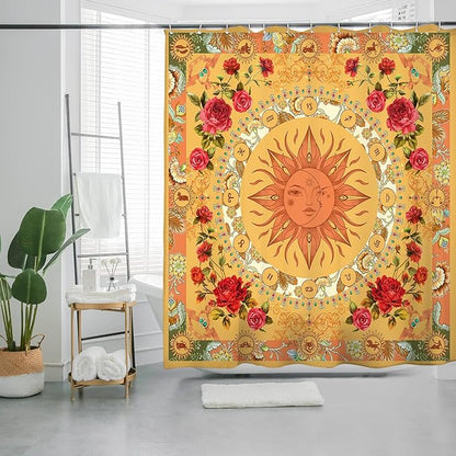Bohemian Shower Curtain, Boho Floral Print Water Repellent Polyester Fabric for Bathroom Decor, 72×72 Inch Standard Size with 12 Hooks, Also as Room Divider