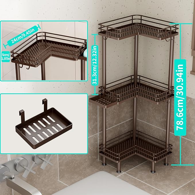 HapiRm Corner Shower Caddy Standing - 3 Tier Shower Organizer Corner with Soap Holder, Rustproof Bathroom Standing Organizer with 4 Hooks, Bronze