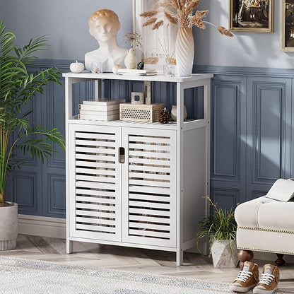 HITNET White Bathroom Cabinet, Bamboo Storage Cabinet Freestanding, Side Tall Storage Organizer for Kitchen Living Room Entryway