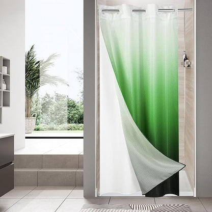 MitoVilla Emerald Green Ombre Waffle Small Stall Shower Curtain Liner Set 36 x 74, No Hooks Needed Half Size Narrow Fabric Cloth Shower Curtain Set with Snap-in Liner for Modern Bathroom Decor