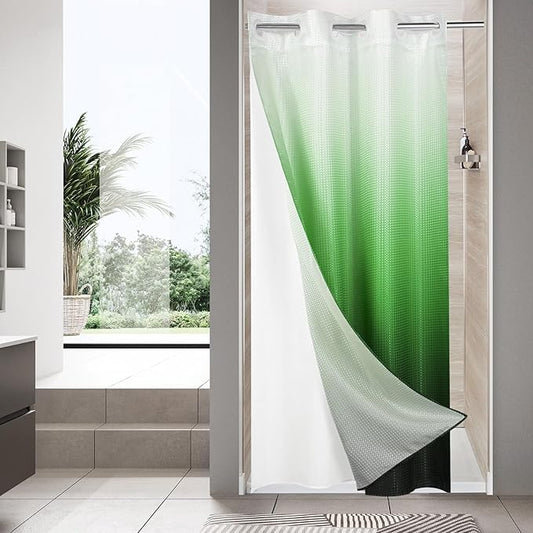 MitoVilla Emerald Green Ombre Waffle Small Stall Shower Curtain Liner Set 36 x 74, No Hooks Needed Half Size Narrow Fabric Cloth Shower Curtain Set with Snap-in Liner for Modern Bathroom Decor