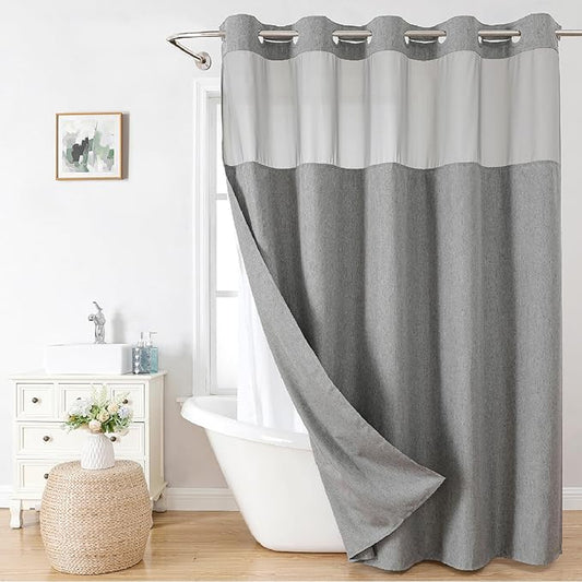 No Hooks Needed Linen Textured Shower Curtain with Snap-in Fabric Liner Set,Hotel Luxury Decor Shower Curtains for Bathroom with See Through Top Window,Waterproof & Washable,71Wx74H,Gray