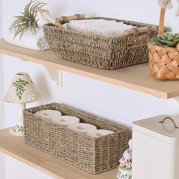 StorageWorks Toilet Tank Basket for Bathroom, Seagrass Storage Baskets for Toilet Tank Top, 2-Pack