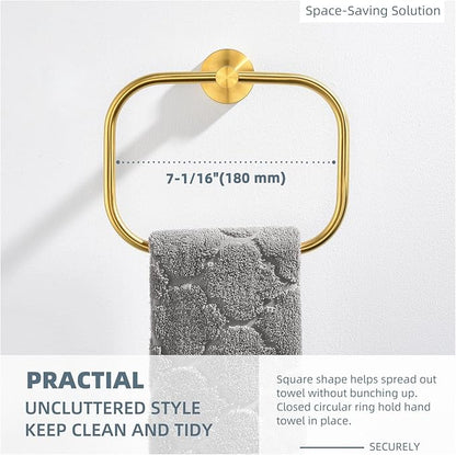 Angle Simple Square Towel Ring Brassy Gold, SUS 304 Stainless Steel Swivel Hand Towel Holder for Bathroom, Wall Mount, 7.87 Inches