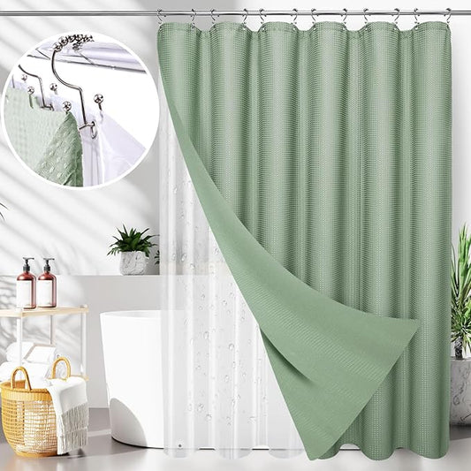 LaCyan 3 in 1 Waterproof Waffle Weave Shower Curtain and Clear Liner Set with 12 Stainless Steel Hooks Double Sided for Bathroom 72 Inches Heavy Duty Polyester Fabric Shower Curtains 72x72