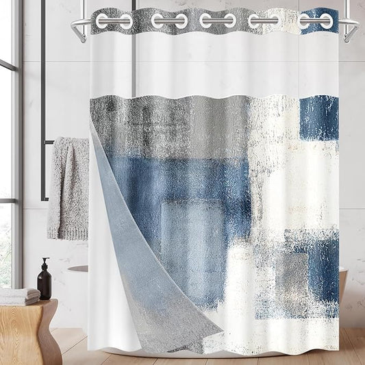 No Hook Blue Grey Painting Shower Curtain with Snap in Fabric Liner Set, Gray Abstract Double Layers Waterproof Fabric with See Through Top Window Open Grommet Bath Curtain 71x74 Inch