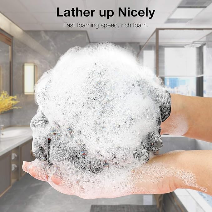 Bath Shower Loofah Sponge 60g Bath Mesh Pouf Shower Ball Body Scrubber Exfoliating Bath Sponge for Women and Men, Set of 4, Black