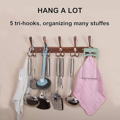 Dseap Wall Mounted Coat Rack - 5 Tri Hooks, Heavy Duty, Stainless Steel, Metal Coat Hook Rail for Coat Hat Towel Purse Robes Mudroom Bathroom Entryway,Antique Copper