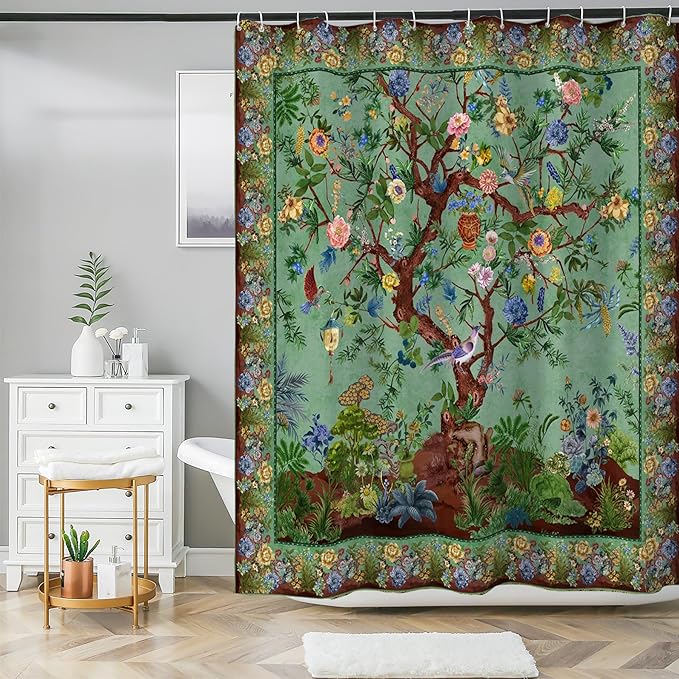 Bohemian Shower Curtain, Boho Floral Print Water Repellent Polyester Fabric for Bathroom Decor, 72×72 Inch Standard Size with 12 Hooks, Also as Room Divider