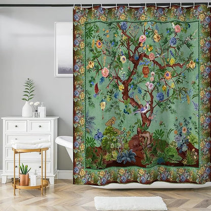 Bohemian Shower Curtain, Boho Floral Print Water Repellent Polyester Fabric for Bathroom Decor, 72×72 Inch Standard Size with 12 Hooks, Also as Room Divider