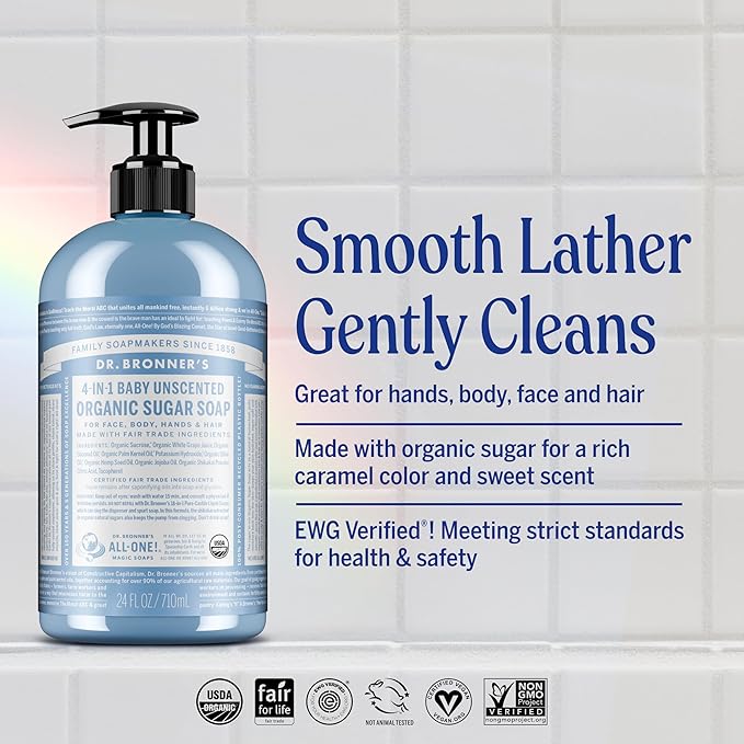 Dr. Bronner’s - Organic Sugar Soap (Baby Unscented, 64 Ounce) - Made with Organic Oils, Sugar and Shikakai Powder, 4-in-1 Use: Hands, Body, Face and Hair, Moisturizes and Nourishes, No Added Fragrance