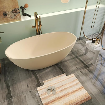 65" Premium Solid Surface Free Standing Bathtub, Upgraded Milky Coffee Design Stone Resin Soaking Tub with Overflow and Pop-up Drain