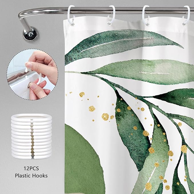 Extra Long Green Boho Shower Curtain 72Wx78H Mid Century Modern Abstract Tropical Gold Olive Palm Leaves Plant Geometric Bathroom Decor Minimalist Bath Curtain Fabric Polyester 12 Pack Hooks
