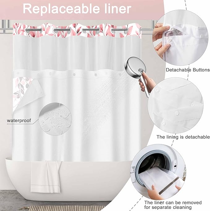 No Hook Shower Curtain and Liner Set, Pink Eucalyptus Floral Shower Curtains for Bathroom, Bath Curtain Sets with Snap in Liner, Waterproof with See Through Top Window, 71x84 Inches