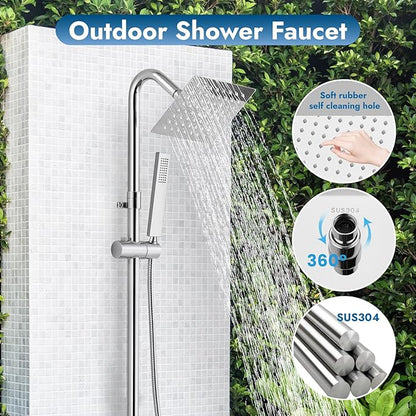 Wall Mount Outdoor Shower Kit Polish Chrome 6" Square Rainfall Shower Head with Hand Held Spray Double Cross Handles with Adjustable Slide Bar Exposed 2 Function Shower Faucet Fixture