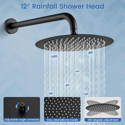 Airuida Shower Fixtures 2 Functions Shower Faucet Set Wall Mounted for Bathroom High Pressure Brass Handheld Shower with Rough-in Valve Round Rainfall 12 Inch Shower Head Matte Black