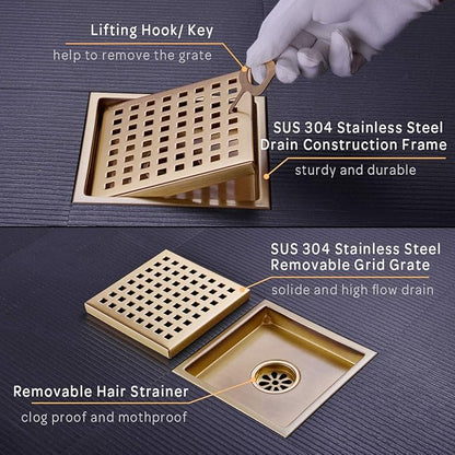 6 Inch Square Shower Drain with Adjustable Shower Drain Base Flange, SUS 304 Stainless Steel Floor Drain with Removable Cover Grid Grate, Brushed Gold Brass Finished