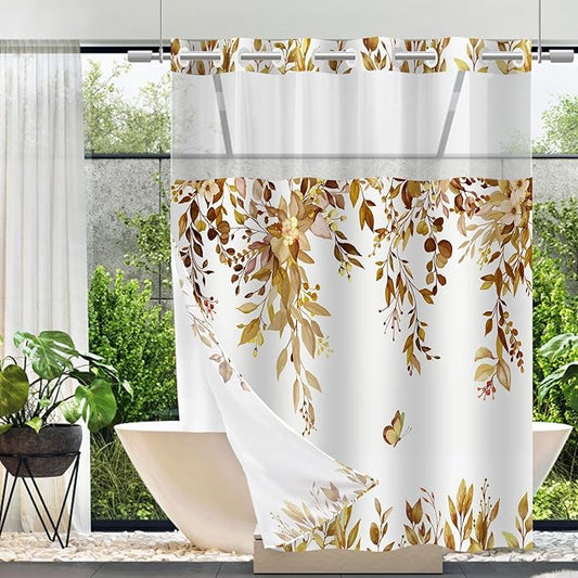 No Hook Shower Curtain and Liner Set, Yellow Eucalyptus Floral Shower Curtains for Bathroom, Bath Curtain Sets with Snap in Liner, Waterproof with See Through Top Window, 71x74 Inches
