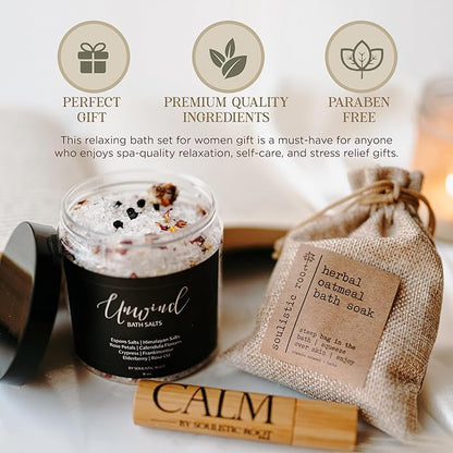 Soulistic Root Revitalizing Bath Set – Wellness Products with Tranquil Essential Oil Roller, Oatmeal Lavender Soak, Epsom Salts with Essential Oils, Ready-to-Gift Premium Box, Ideal Holiday Spa Gift
