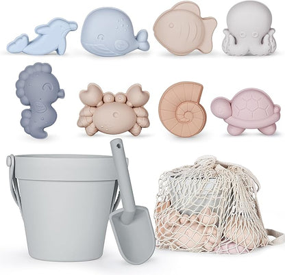 MarcZero 11Pcs Silicone Beach Toys Set - Travel Friendly With Bucket, Shovel, 8 Sand Molds, Bag - Modern Baby Sand Toys for Toddlers, Kids (Gray)