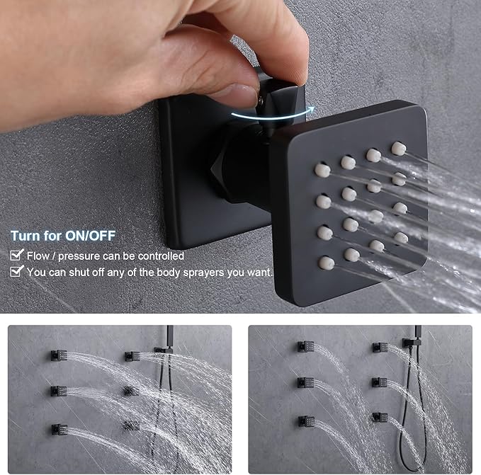 Enga Shower System Body Jets with On-Off Switch, 16 Inch Rain Shower Head System Full Body Spray Massage Shower Set, Multi Head Shower Faucet Combo, Matte Black