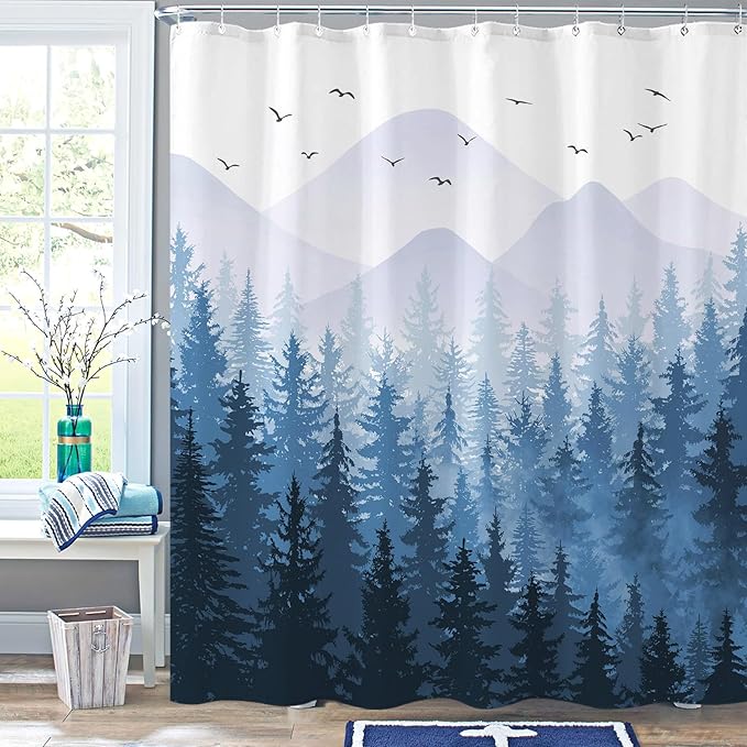 Aipon Blue Misty Forest Shower Curtain Ombre Nature Tree Plants Shower Curtains Fabric Waterproof Mountain Shower Curtain Sets for Bathroom Bath Decor with 12 Hooks (Blue, 72'' × 72'')