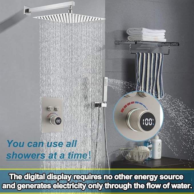 Digital Display Shower Valve Shower Valve 2 Way Shower Diverter Valve Shower Mixing Valve Can Use All the Time Brushed Nickel