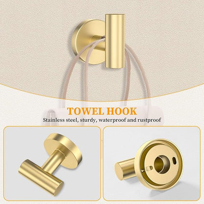 Brushed Gold Towel Bar Set 10 Pieces Round Bathroom Hardware Set Includes 23.6in Towel Bar Towel Ring Toilet Paper Holder Towel Hooks Stainless Steel Wall-Mounted Bathroom Towel Holder Set