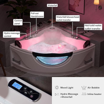 Empava 2 Person Whirlpool Bathtub,Corner Jetted Bathtub with Heater,Corner Jetted Tub with Light,Spa Bath tub with 10 Jets,Hydro Massage Tub with Chromatherapy,ETL Certified