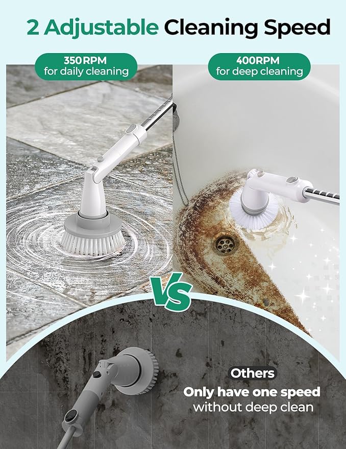 kHelfer Electric Spin Scrubber Kh8, Upgrade Cordless Shower Scrubber 8 Replacement Head, 1.5H Bathroom Scrubber Dual Speed, Shower Cleaning Brush with Extension Arm for Bathtub Tile Floor