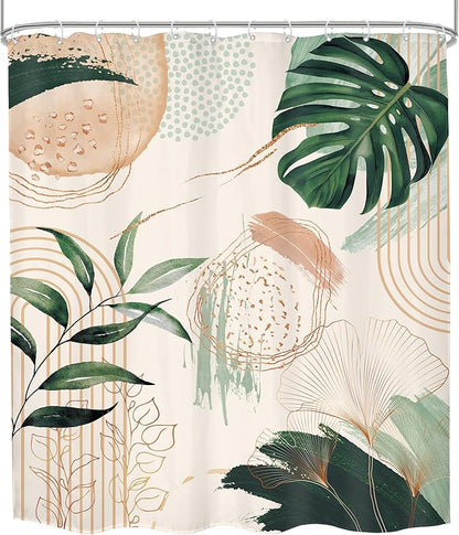 Boho Shower Curtain 72Wx84H Extra Long Bohemian Modern Mid Century Abstract Sage Green Tropical Palm Leaves Plant Bathroom Decor Minimalist Geometric Bath Curtain Fabric Polyester 12 Pack Hooks