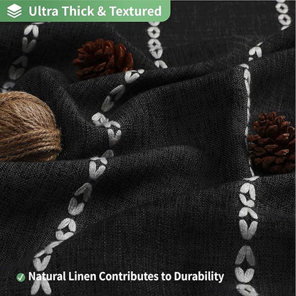 No Hook Extra Long Shower Curtain Set with Snap-in Liner,Linen Textured Thick Striped Fabric with Tassels,Boho Chic Modern Farmhouse Bathroom Curtain,Water-Repellent,Black,71x86