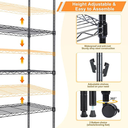 Whitmor 5-Tier Heavy Duty Shelving Unit, Metal Adjustable Storage Shelves, 2000 lbs Capacity for Pantry, Kitchen, Closet, Laundry, 29.6" L x 13.7" W x 59.4" H, Black