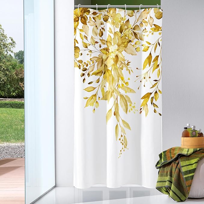 Gibelle Small Stall Shower Curtain 36 x 72, Narrow Yellow Floral Shower Curtain for Bathroom, Watercolor Plant Eucalyptus Leaves Fabric Shower Curtain Set