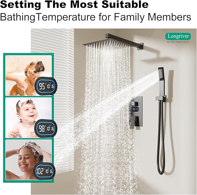 Shower Faucet Set with Hydro Power Temperature Display, Shower System Bathroom 12 Inches Shower Head with Handheld Spray, Wall Mounted Shower Fixtures with Shower Valve and Trim Kit, Matte Black