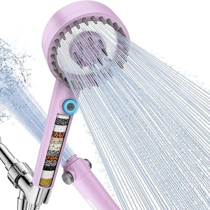 Filtered Shower Head with Handheld, High Pressure 4 Spray Mode Showerhead with Filters, Water Softener Beads for Hard Water with ON/OFF Switch for Pets - Remove Chlorine (Purple, 5 Inch Panel)