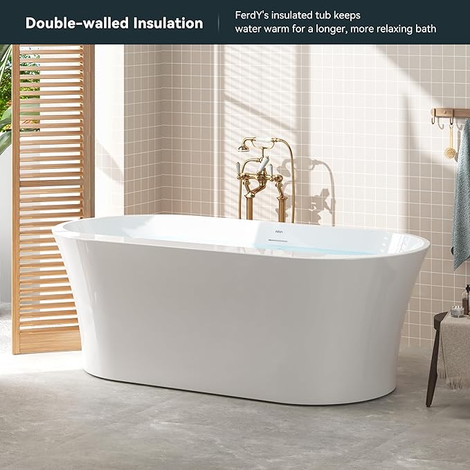 FerdY Mauritius 67" Acrylic Freestanding Tub, Oval Contemporary Soaker Tub, Extra Deep Bathtub,Gloss White Drainage and Minimalist Linear Design Overflow, Modern White, cUPC Certified