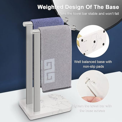 NearMoon Hand Towel Holder with Balanced Marble Base, SUS304 Stainless Steel Stand Towel Ring L Shape Hand Towel Rack Free-Standing Towel Bar for Bathroom Kitchen Countertop(Double Rod Brushed Nickel)