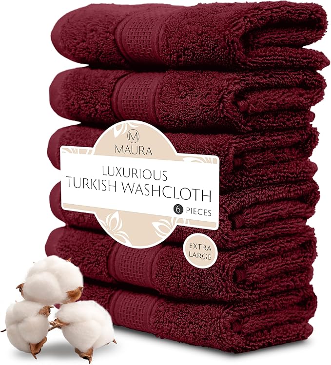 MAURA 6-Pack Premium Turkish Washcloth Set - Ultimate Luxury with Soft, Thick, Super Absorbent, and Oversized Cotton Face Towels - Ideal for a Hotel & Spa Quality Experience in Classic Burgundy